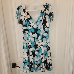 London Times Petite Floral Dress - Black, White, Blue, Size 4P